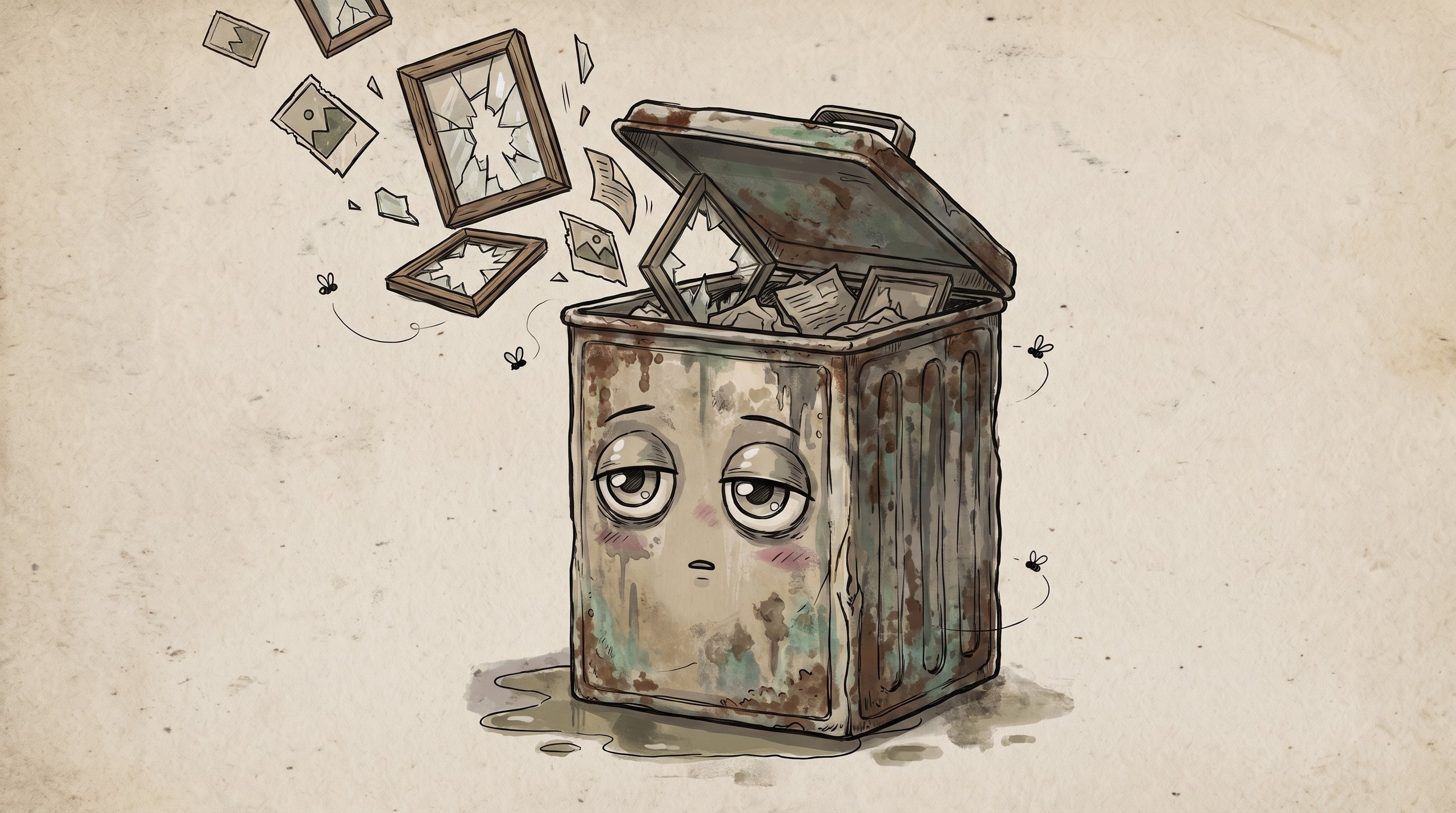 A weary, rusted trash can with broken picture frames tumbling in.